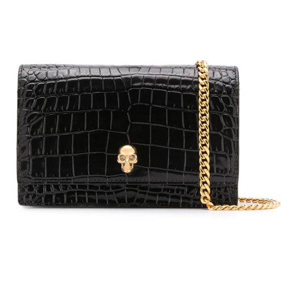Alexander McQueen Handbags - NEW ALEXANDER MCQUEEN BLACK LEATHER SKULL CROC CHAIN BAG PURSE NWT BOX